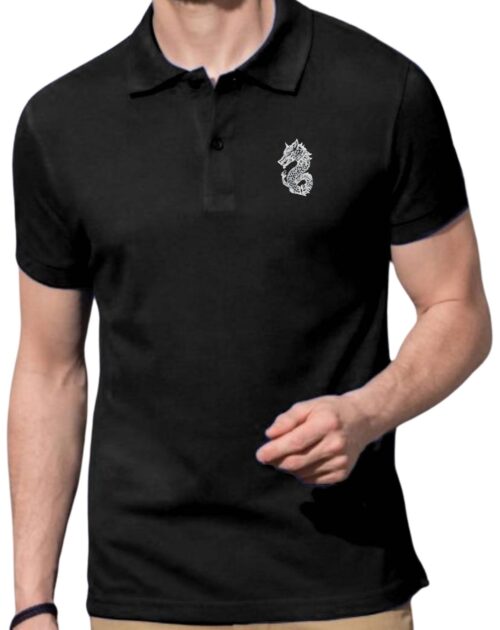 Tricou polo broderie Dracones, negru