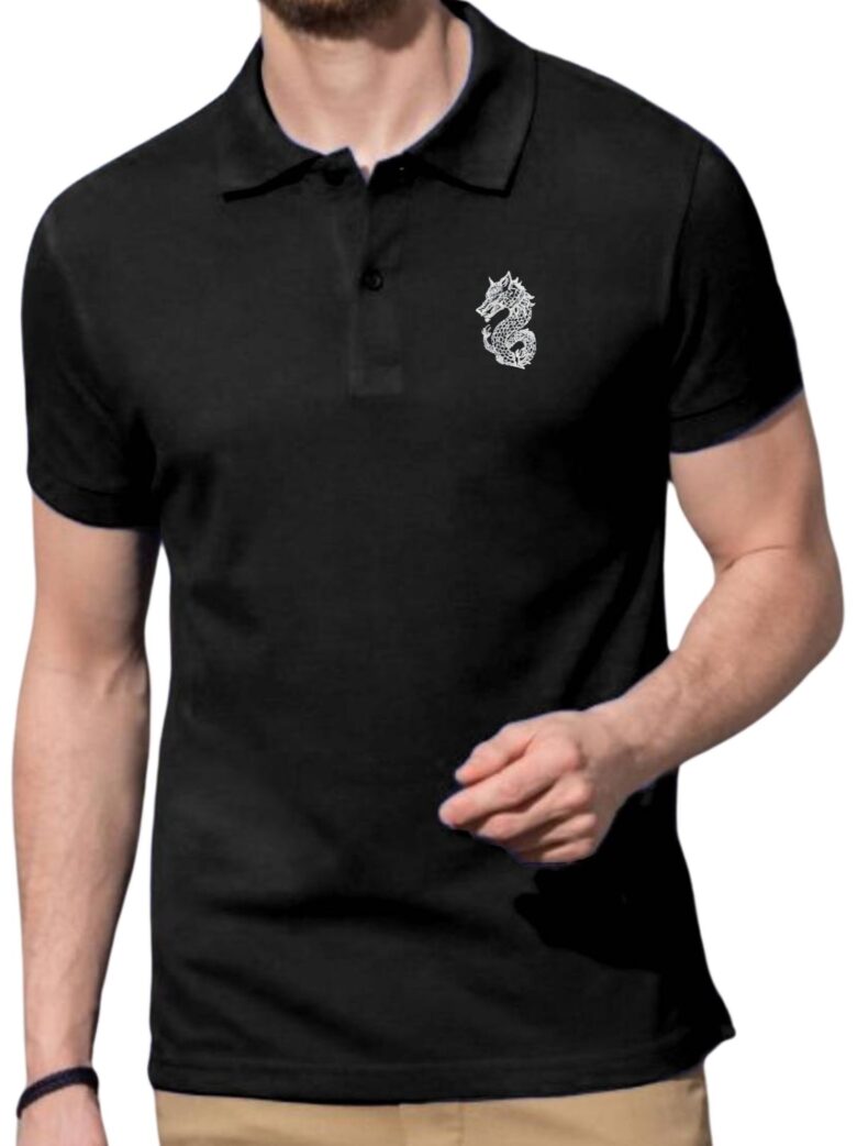 Tricou polo broderie Dracones, negru